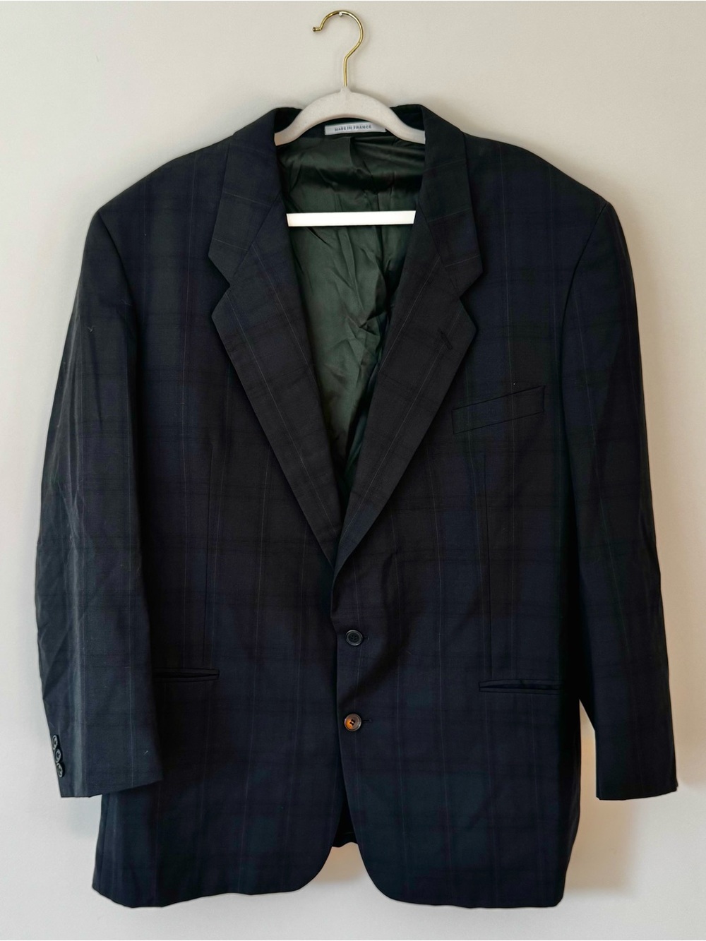 Vintage YSL Menswear 100% Wool Blazer Windowpane Plaid, Navy – L / XL (48)